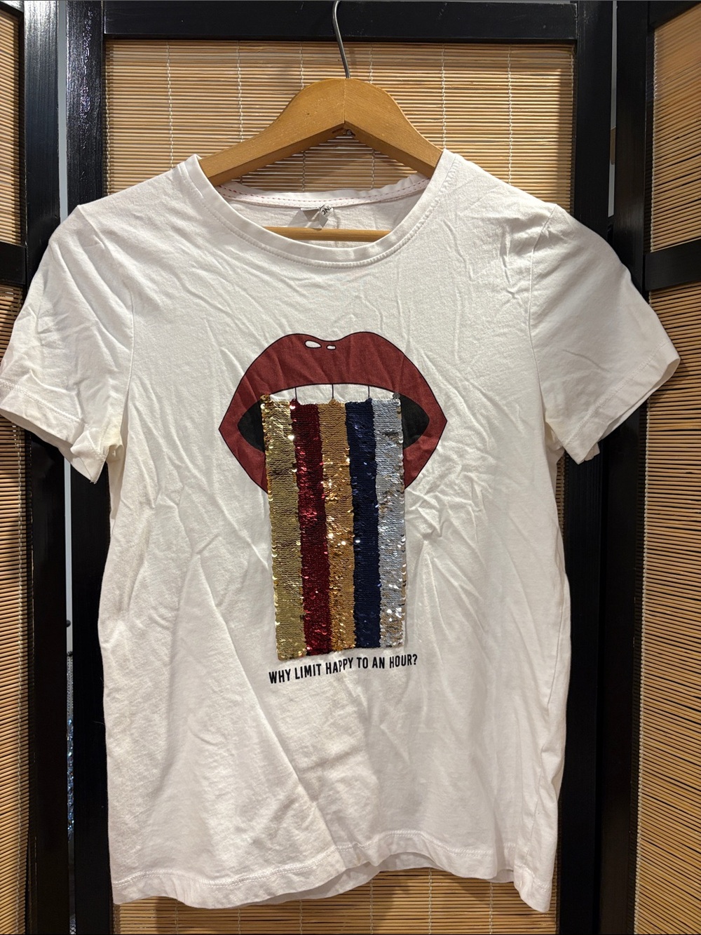 Only White Short Sleeve Tee with Sequin Stripe Lip Graphic
